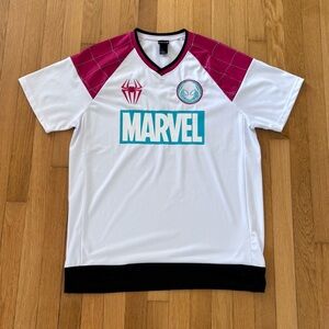 Marvel x BoxLunch Gwen Stacy Jersey Spider-Man White Pink Web Men’s Large RARE